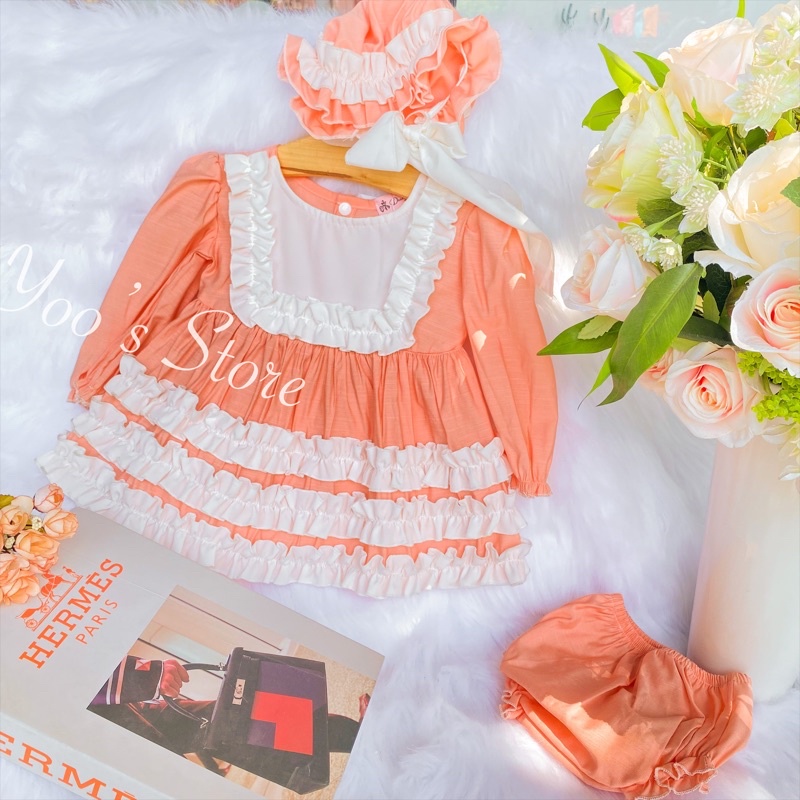 Đầm lolita hồng cam xếp tầng kèm quần bé gái