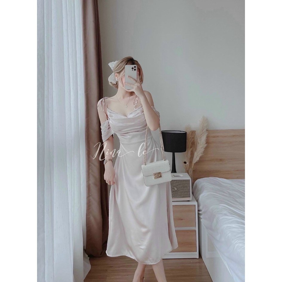 Đầm Midi Trắng Cổ Đổ 2 Dây Rớt Vai Phi Lụa Mango Cực Kì Quý Phái