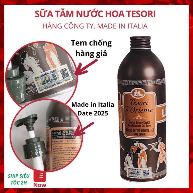 [ Hàng Chính Hãng Kèm Vòi ] Sữa Tắm Xích Nước Hoa Hương Sen Chai Nhôm Màu Nâu Tesori 500ml