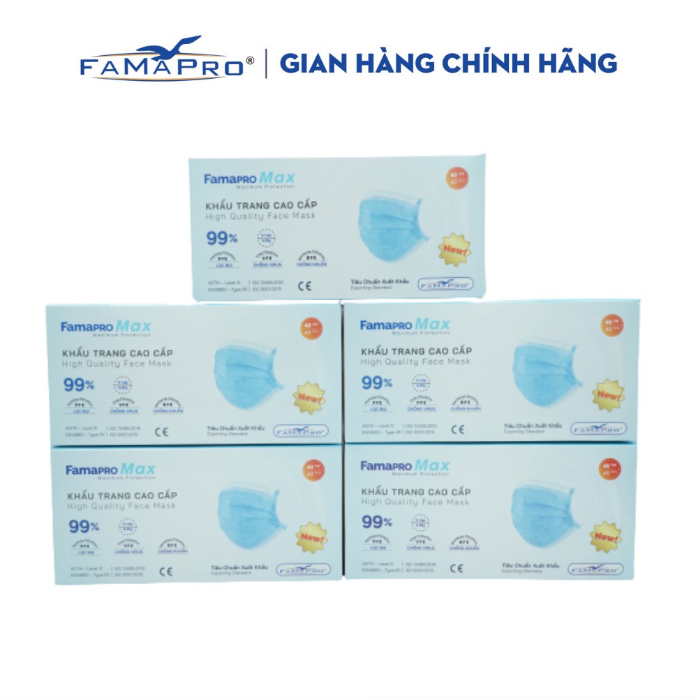 [HỘP-40 CÁI-MÀU XANH] COMBO 5 HỘP Khẩu trang y tế 4 lớp kháng khuẩn cao cấp Famapro max | BigBuy360 - bigbuy360.vn