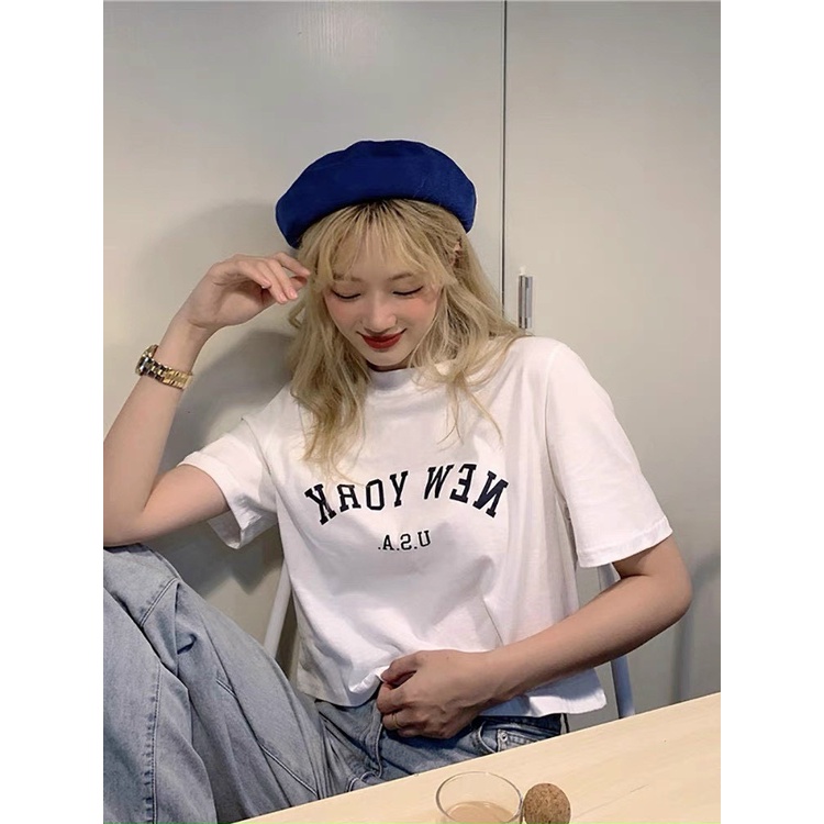 Áo kiểu croptop in chữ NEW trước ngực cực xinh , chất thun coton mềm mịn
