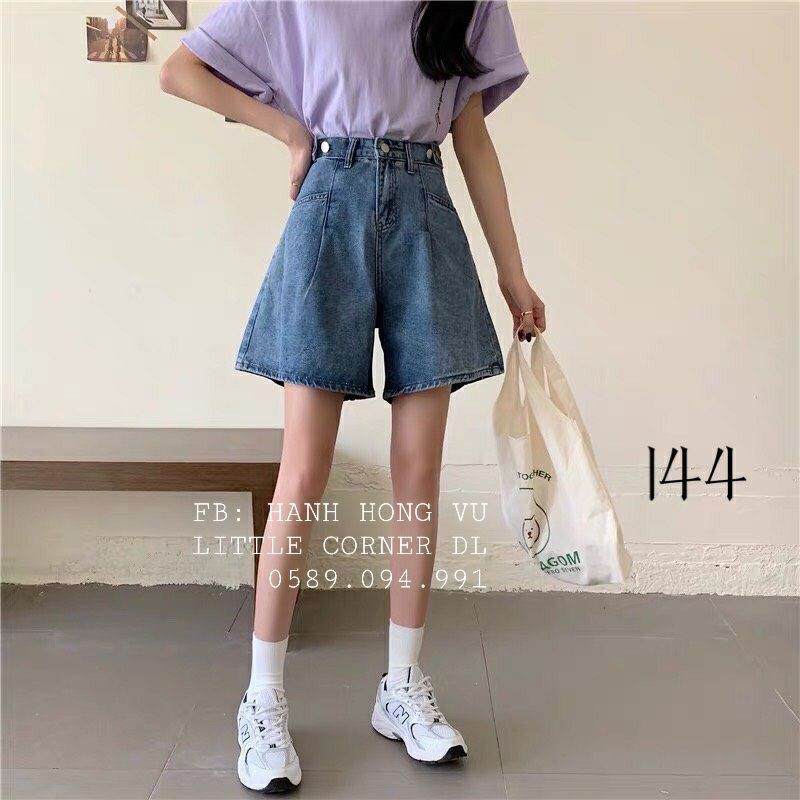 Quần ngố lửng short jean ống rộng lưng cao phối nút hông xếp ly túi form ulzzang kèm ảnh thật
