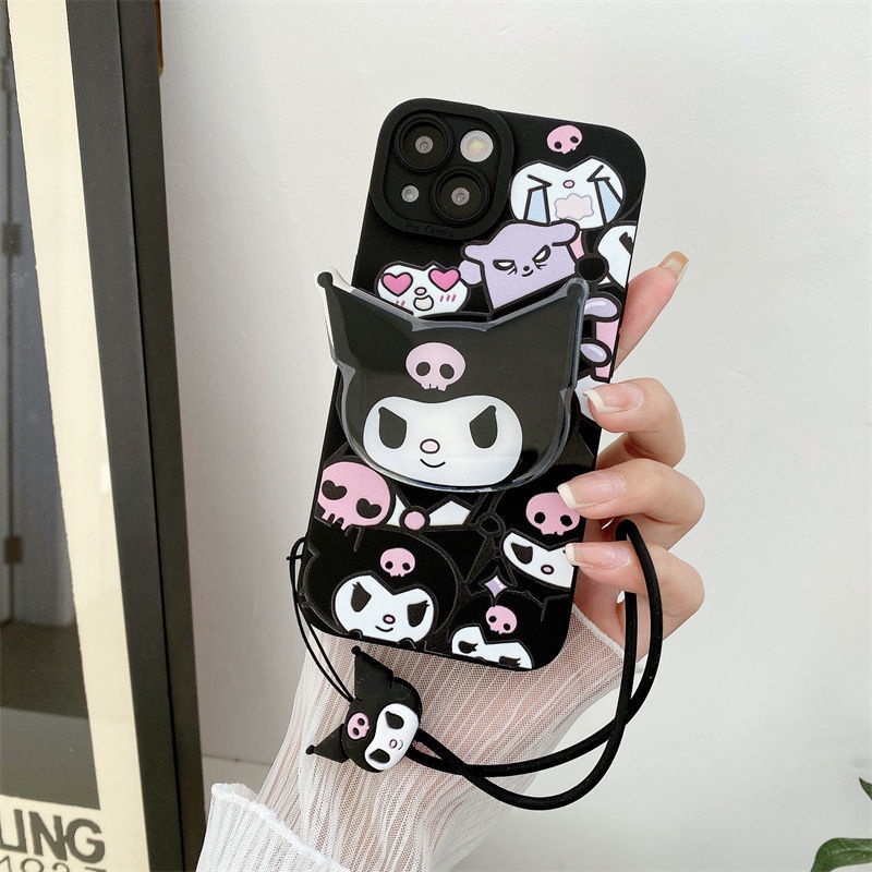 Ốp Điện Thoại Hình Kuromi Nhật Bản Màu Đen Đục Có Giá Đỡ Và Dây Đeo Cho iPhone 4 Trong 1 14 Pro Max 13 Promax 12 11 Xsmax Xr 7 8 Plus