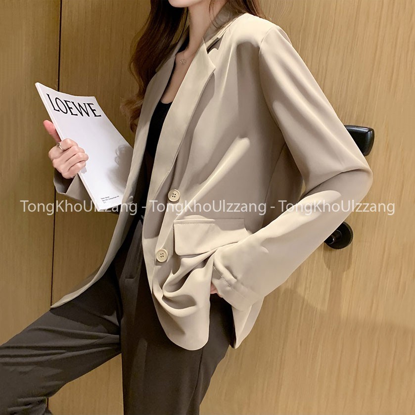 Áo Blazer 2 lớp FREE SIZE túi nắp - Chất vải Vitex Hàn - Đủ màu Đen/ Kem/ Nâu Tây/ Kẻ Nâu - Chuẩn Style ULZZANG