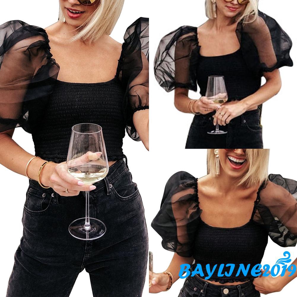 Áo Croptop Tay Phồng Xuyên Thấu Quyến Rũ Dành Cho Nữ