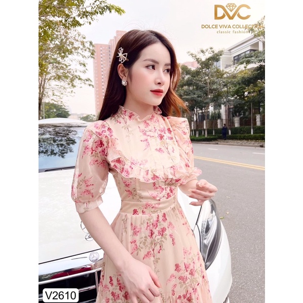 V2610 váy voan hoa, màu be