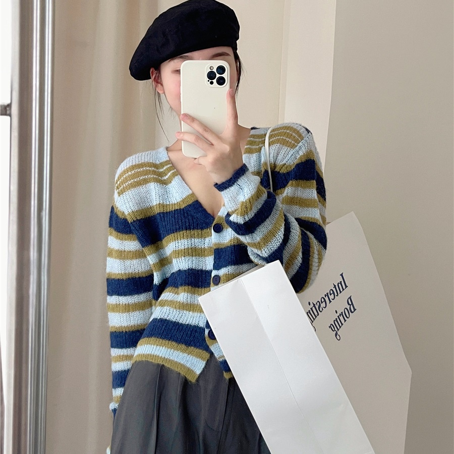 Áo len ZHELIHANGFEI tay dài cổ chữ V họa tiết kẻ sọc thời trang dễ thương cho nữ