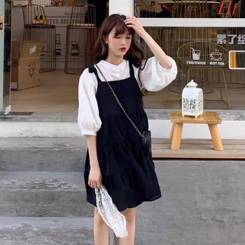 Set áo sơ mi + váy babydoll đen H2S877