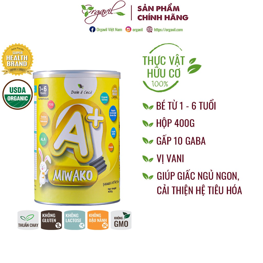 Sữa Miwako A+ Hộp 400g - Sữa Công Thức Thực Vật Hữu Cơ Miwako A+ Vị Vani - Giúp giấc ngủ ngon, tiêu hóa tốt - Orgavil