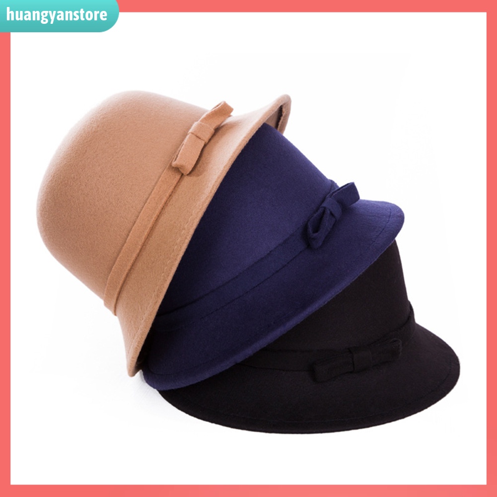 HY| Mũ len màu trơn có đính nơ xinh xắn dành cho nữ