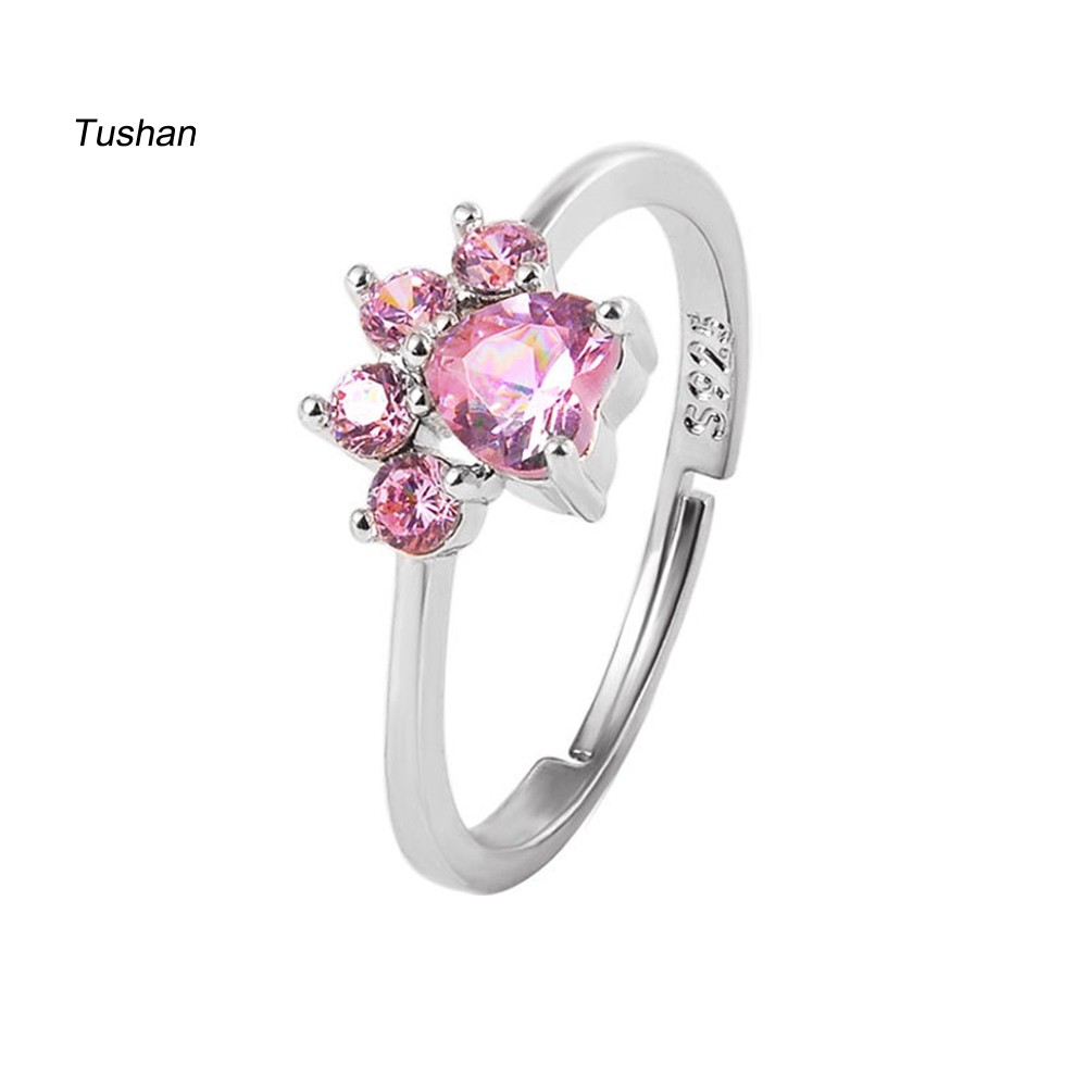 Nhẫn Đính Đá Zircon Hình Dấu Chân Mèo / Trái Tim Có Thể Điều Chỉnh Cho Nữ