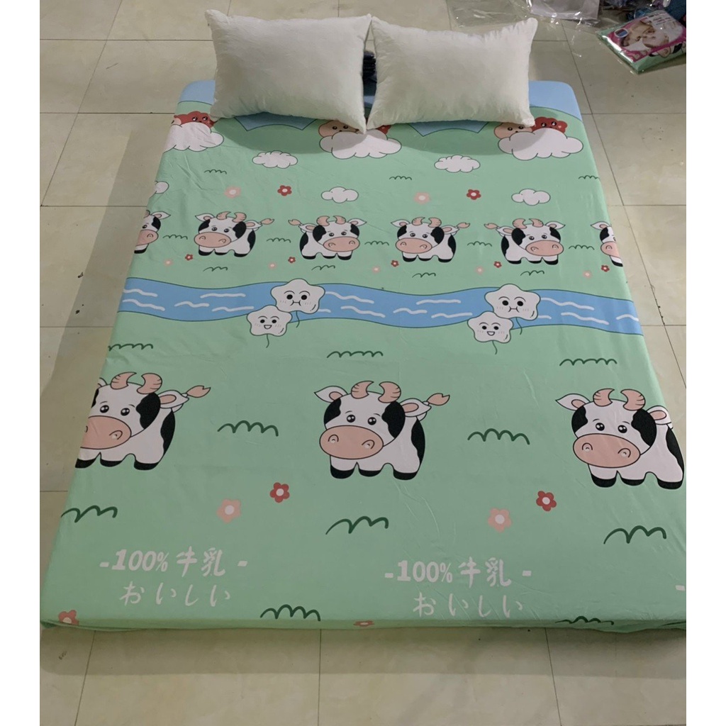 (Giá rẻ)  Ga chống thấm cotton HÀN QUỐC - Drap chống nước cotton bảo vệ đệm mẫu Bò sữa xanh, size 1m2 - 1m6- 1m8- 2m2