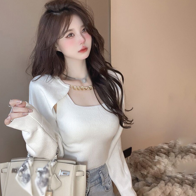 Set Áo Len Không Tay Màu Sắc Đơn Giản + Áo Sơ Mi Dài Tay Phối Dây Xích Phong Cách Hàn Quốc