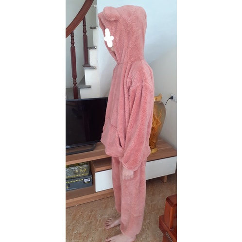 Bộ ngủ lông gấu hoodie hồng Unisex  from rộng lông mượt mà siêu ấm phong cách hàn quốc