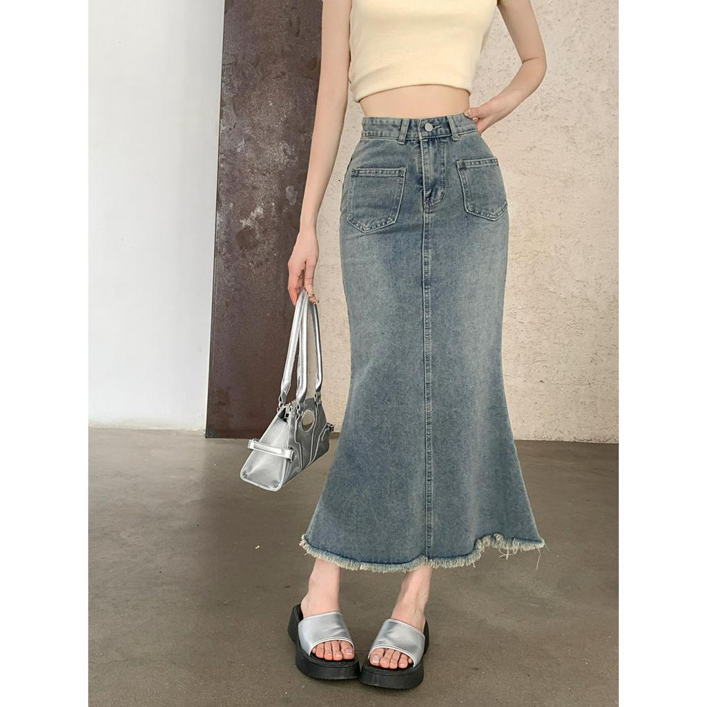 Lalisas Chân váy jean Đuôi Cá Dài Lưng Cao Phối Túi Phong Cách retro Cho Nữ