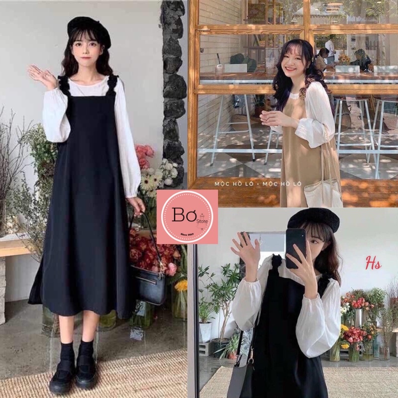 Set Váy Yếm Nhung Nhỏ Xẻ Tà Vintage Xinh Xắn Bơ Store | BigBuy360 - bigbuy360.vn