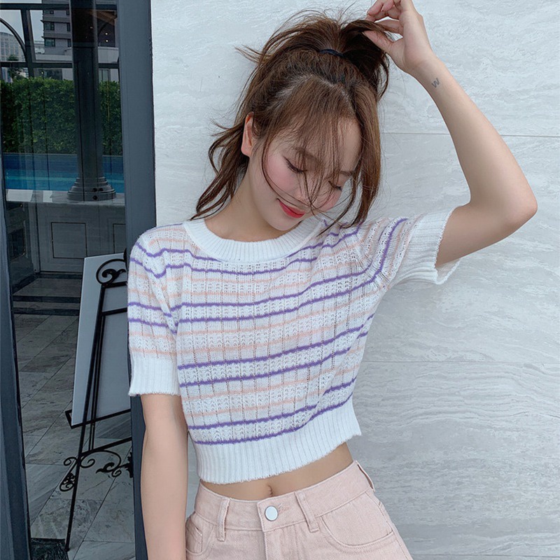 Áo croptop dệt kim tay ngắn phong cách Hàn Quốc