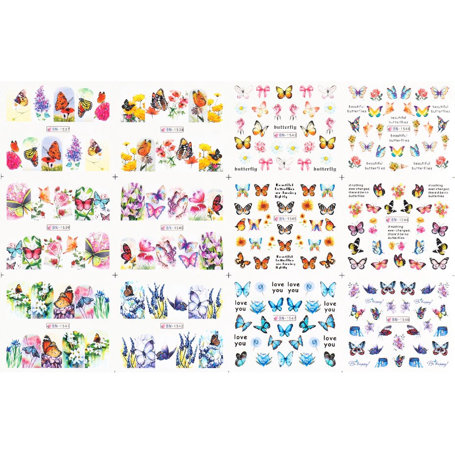 Bộ 12 miếng dán hình BN1537-1548 trang trí móng hình cánh bướm đẹp mắt 16x25.5cm