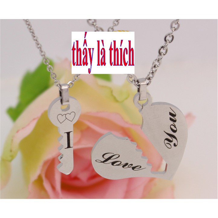 Vòng cổ cặp chìa khóa và trái tim kết hợp chữ I LOVE YOU - Giá bán như trên là 1 cặp = 2 sợi mặt như hình