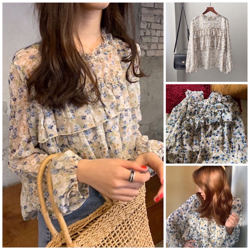 Áo chiffon hoa bèo nhún ngực chất liệu voan lụa mềm mát cao cấp tay dài - Áo hoa nhí bánh bèo hàn quốc