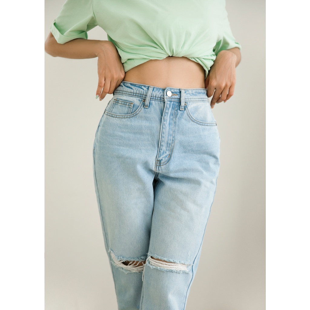 Quần jean baggy rách gối chất jeans 100% cotton MIEU - HN22