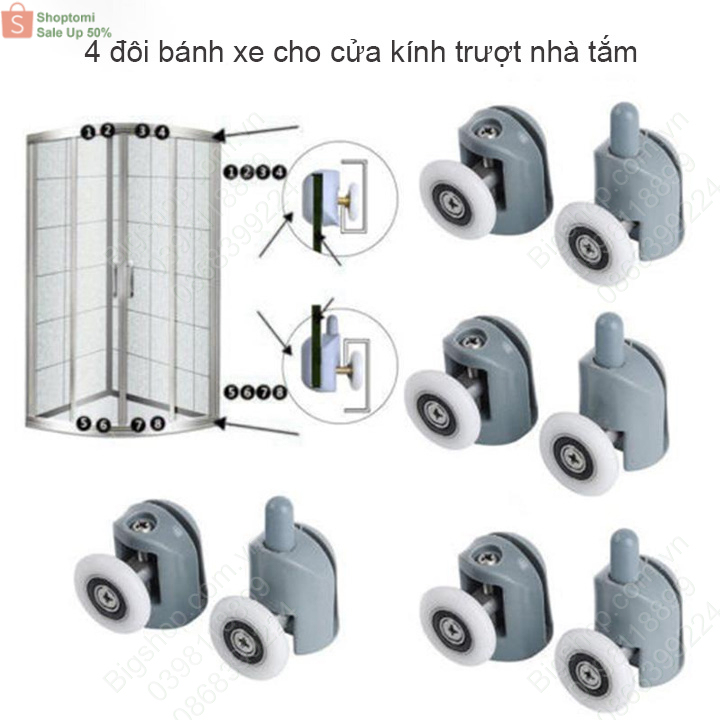 Bộ 8 bánh xe (4 đôi) dùng cho cửa kính trượt phòng tắm bằng nhựa ABS