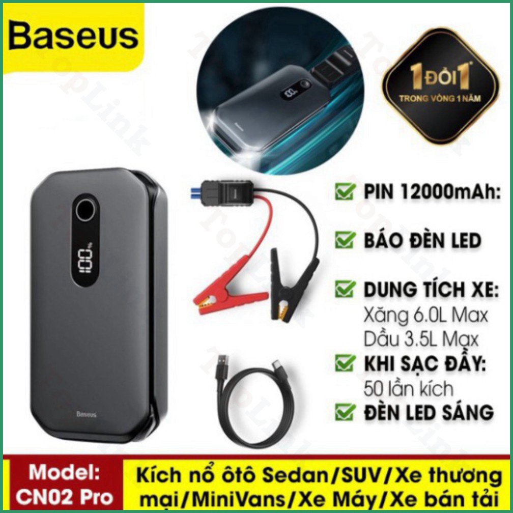 [TopLink] Bộ Kích Nổ Ô TÔ Baseus Car Jump Starter Dung Lượng Pin 12000mah Tối Đa 50 Lần Kích Công Suất 1000A