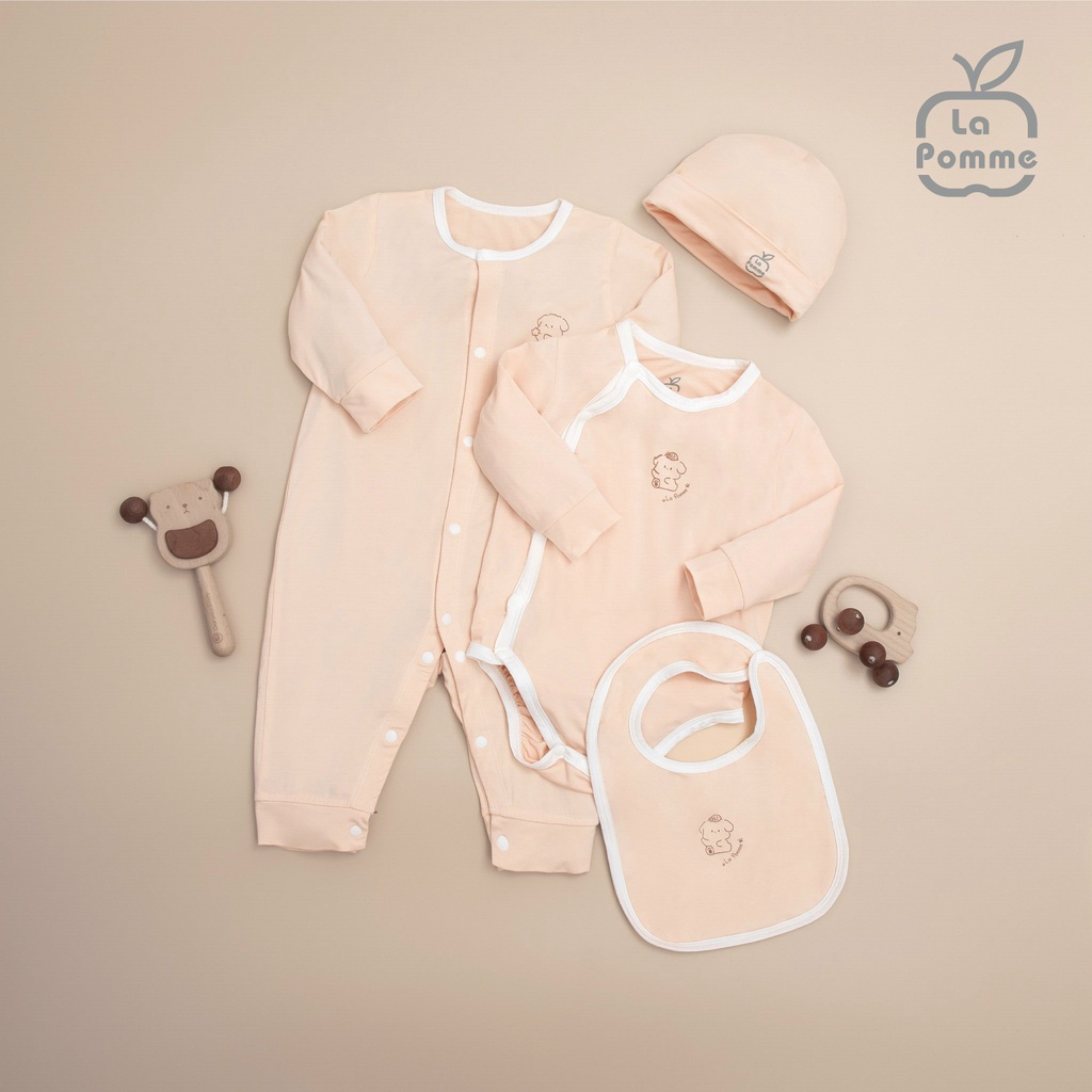 Set combo La Pomme chất Petit Soyeu sơ sinh dài tay cài giữa cài chéo bodysuit màu be kem cho bé 14030 23030 15030 25030