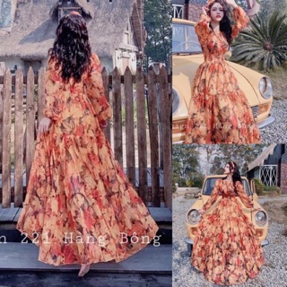 Đầm maxi hoạ tiết thun eo