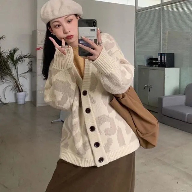 Khoác Len Cardigan | Áo Cardigan cổ V hoạt tiết da báo mềm mịn dày dặn cho nàng