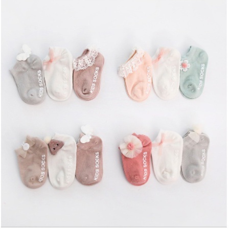 Set 3 Đôi Tất Trẻ Em 100% Cotton Chống Trơn Trượt Hàng Xuất Nhật Tất Cho Bé Gái Từ Sơ Sinh Đến 3 Tuổi