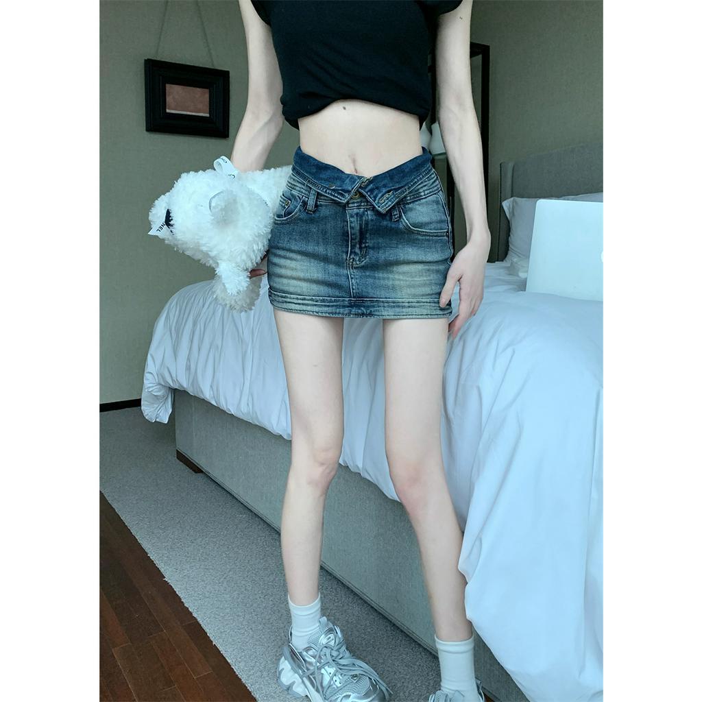 qkoole  Chân váy jean Lưng Cao Phong Cách Retro Cho Nữ