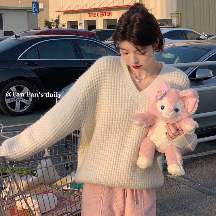 Áo Sweater Dệt Kim Cổ Chữ V Dáng Rộng Thời Trang Mùa Đông Cao Cấp Cho Nữ