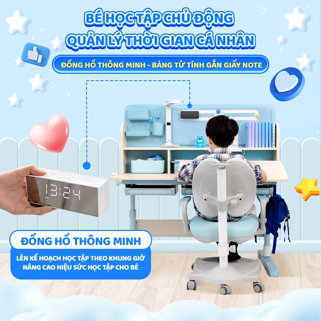 Bàn học cho bé Chilux Smart S cao cấp, thông minh, chống cận, chống gù tích hợp đèn chiếu sáng, đồng hồ báo giờ.