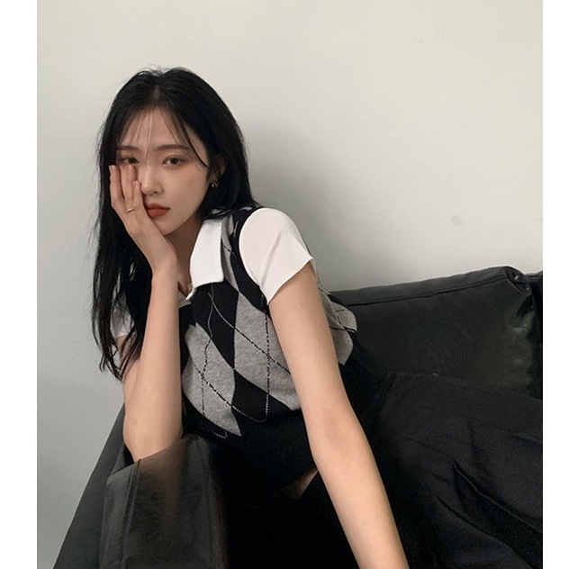 Porozi  Áo len không tay cổ chữ V họa tiết hình thoi cho nữ