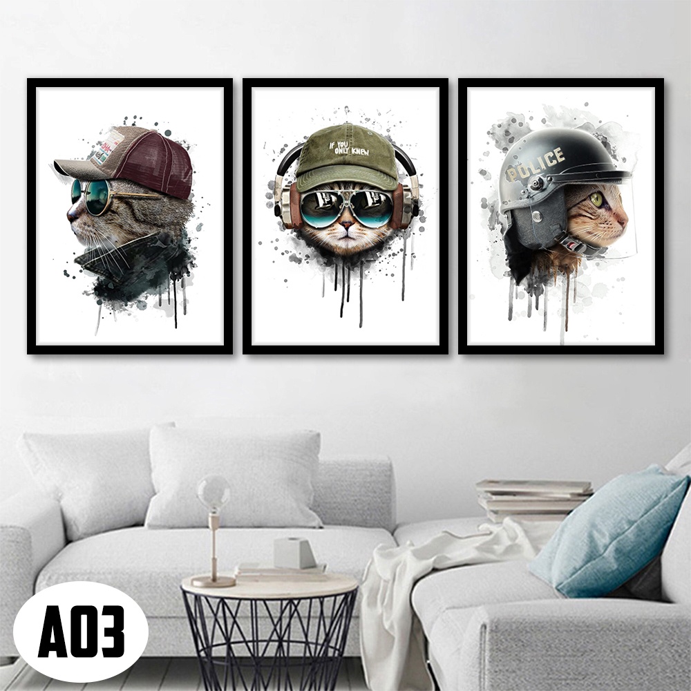 Bộ 3 Tranh Treo Tường Có Khung (30cm x 40cm x 3bức, dày 2cm) Mèo Cool Ngầu (Mã A03). Tranh Trang Trí Phòng
