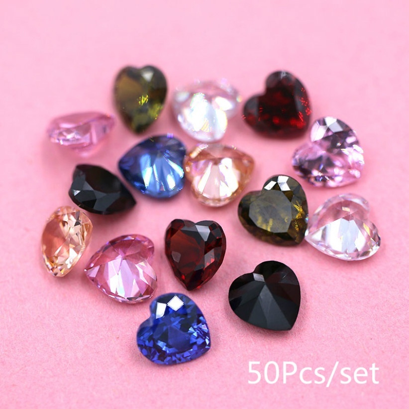 Set 50 đá pha lê tự làm trang sức 8mm hình trái tim nhiều màu sắc
