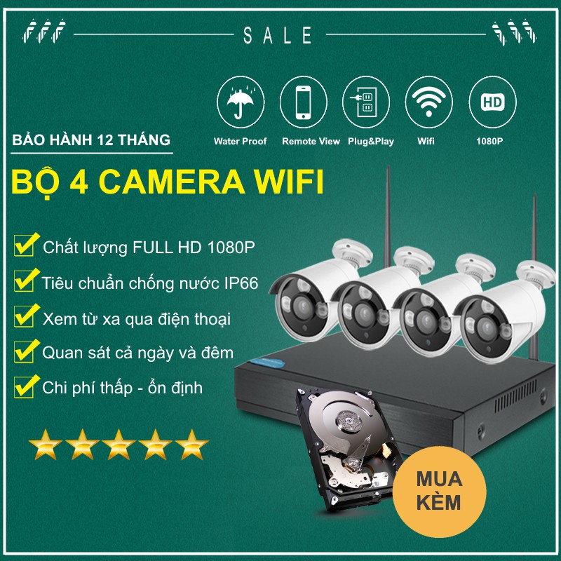 Bộ 4 Camera WIFI 1080P + Đầu Ghi NVR HD + Kèm Ổ Cứng Tùy Chọn | BigBuy360 - bigbuy360.vn