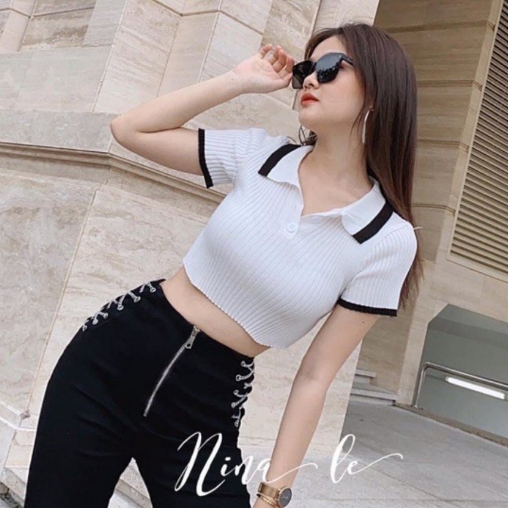 Áo Croptop Cổ Trụ Tay Ngắn Hai Màu Phối Ngược, Chất Thun Gân Dày Dặn Co Giản, Freesize 53KG Ảnh Thật | BigBuy360 - bigbuy360.vn