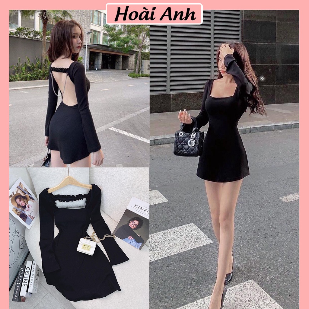 Đầm Nữ Hở Lưng Váy Nữ Thiết Kế Xoè Hở Lưng Kèm Dây Xích Freesize