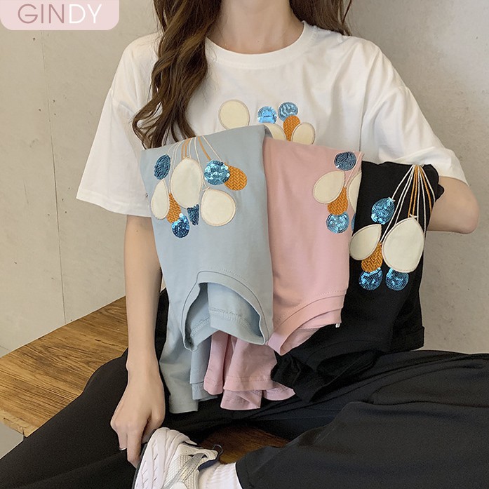 Áo phông nữ GINDY thun form rộng cổ tròn tay lỡ unisex basic chất liệu cotton co giãn, thoáng mát A056