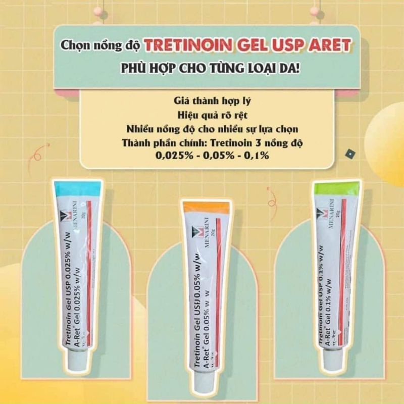 (20g) Gel Tretinoin Aret 0.025%, 0.05%, 0.1% - Gel dưỡng giảm mụn, mờ thâm nám, chống lão hóa