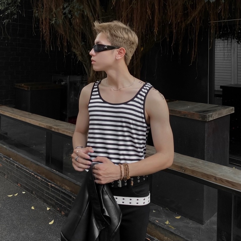 Áo Ba Lỗ Cổ Rộng NGO Sọc Đen/Trắng - NGO Scoop Neck Tanktop STRIPE BLACK/WHITE