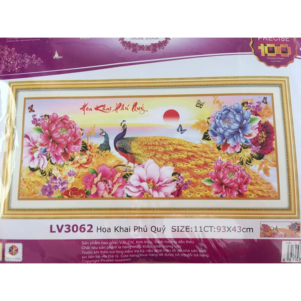 Tranh thêu chữ thập hoa khai phú quý KT:93x43cm, tranh chưa thêu và chưa khung. Tặng kéo và sỏ chỉ.