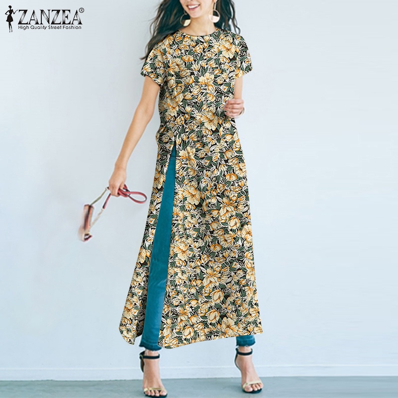 Áo kiểu nữ ZANZEA cổ tròn ngắn tay dáng dài xẻ tà thời trang