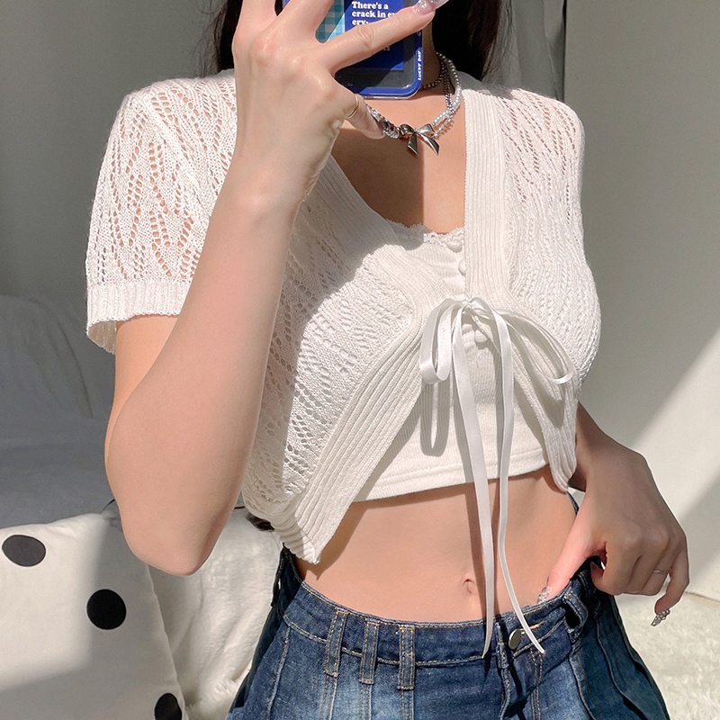 SUXI Áo Cardigan Dệt Kim Cổ V Tay Ngắn Thời Trang Mùa Hè Cho Nữ