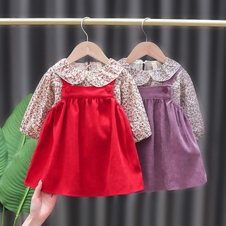 Set Áo Thun Tay Dài Phối Váy Yếm Xinh Xắn Cho Bé Gái 0-4 Tuổi