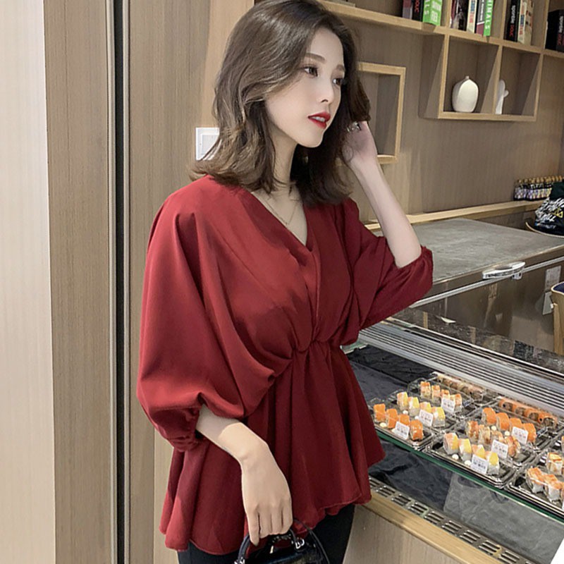 Áo kiểu tay lỡ cổ chữ V chất Chiffon màu trơn thanh lịch