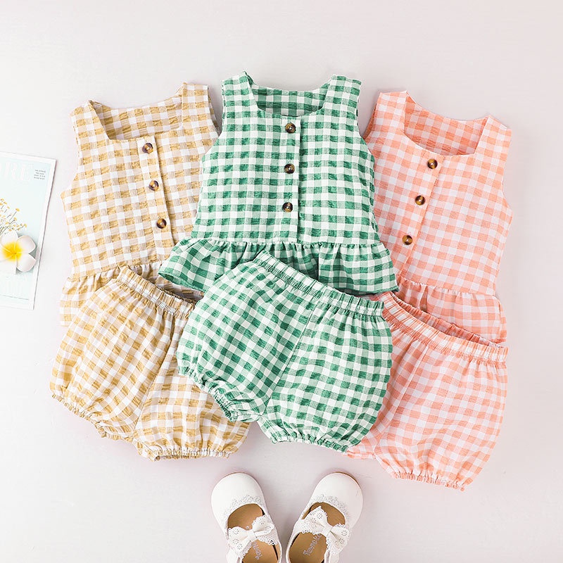 Combo bộ đồ bé gái 0-24 Tháng Kẻ Sọc Caro không tay áo ba lỗ quần đùi set mùa hè thời trang cho bé trẻ em sơ sinh