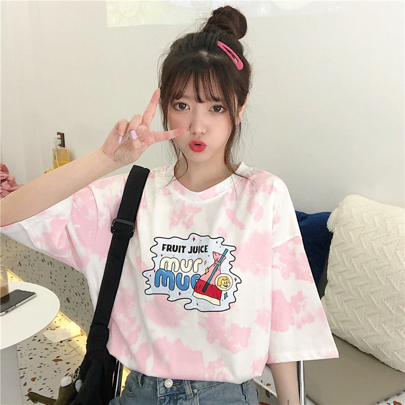 Korean women loose tie-dye T-shirt short sleeve large size